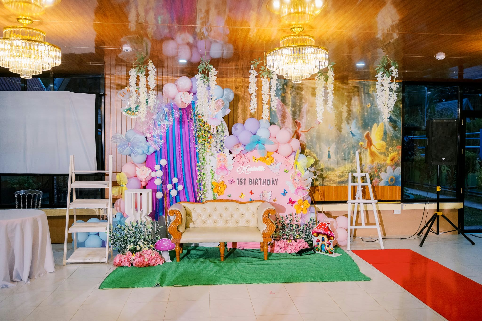 Fairy garden-themed 1st birthday backdrop