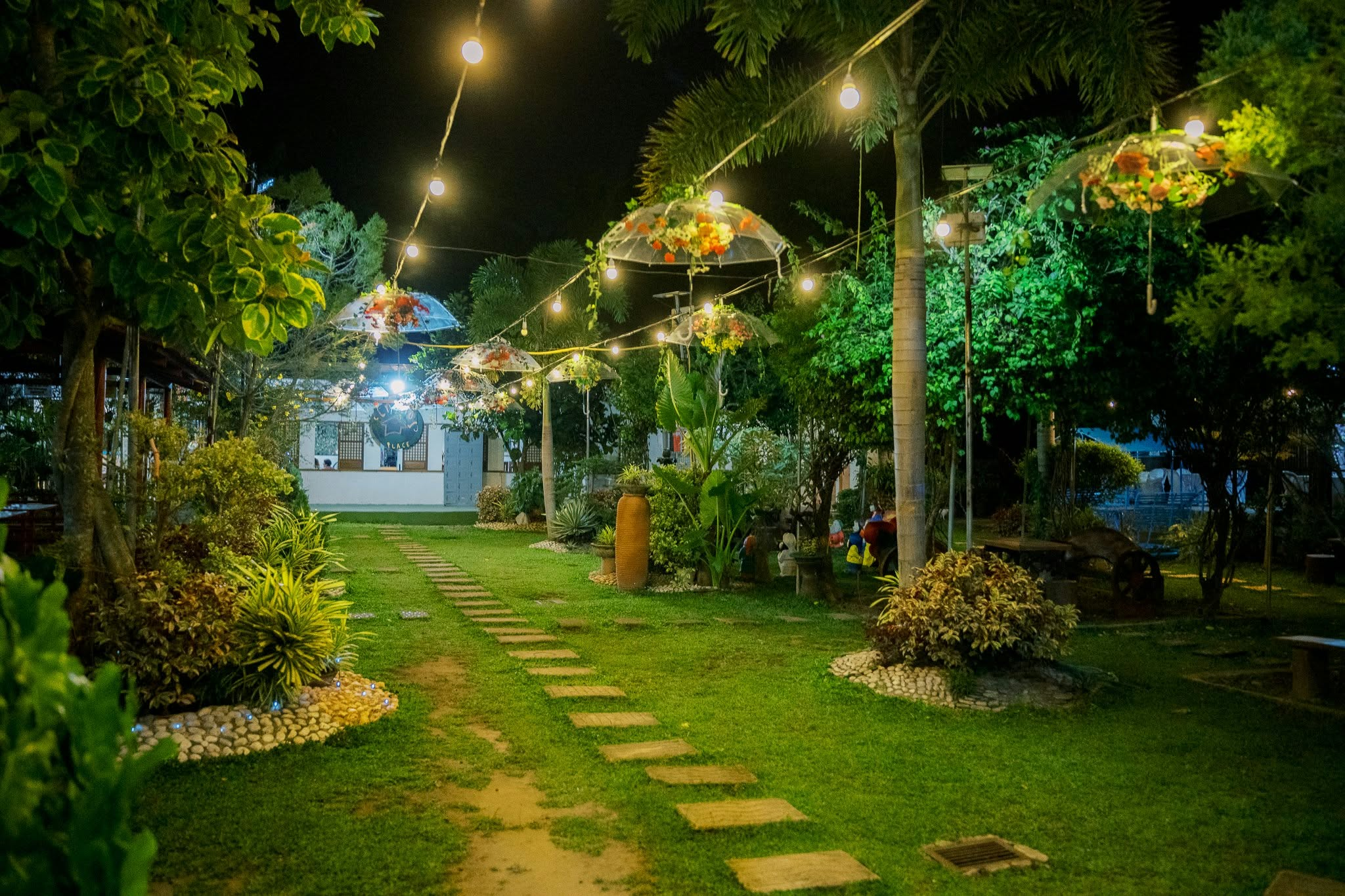 Garden walkway lit up at night